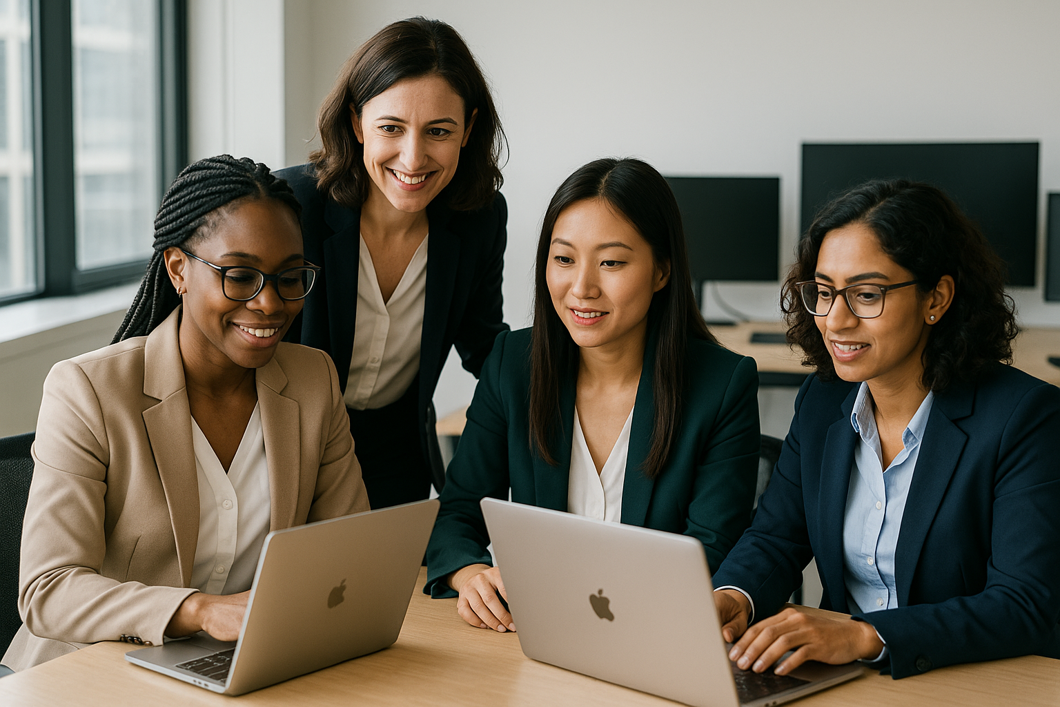 Equipo diverso de mujeres colaborando en tecnología
